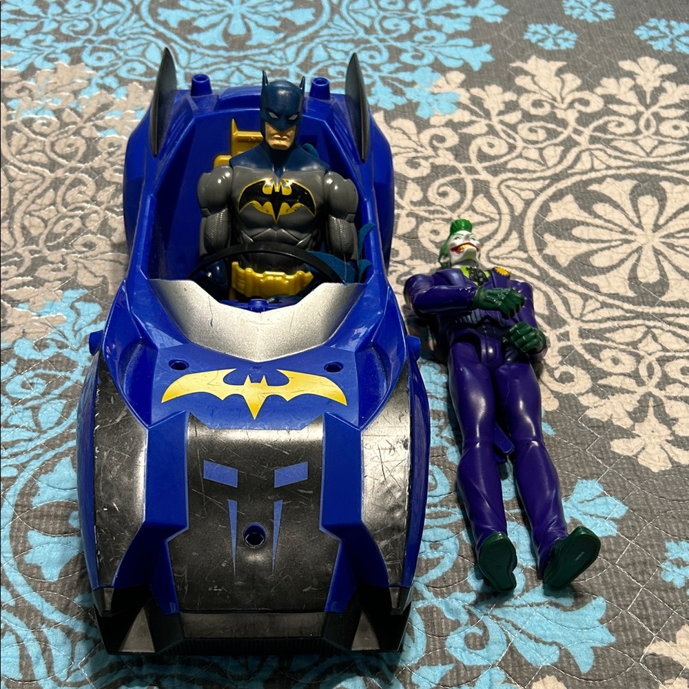 Batman Blue and Black Toy Car with Joker Figure and Batman Figure